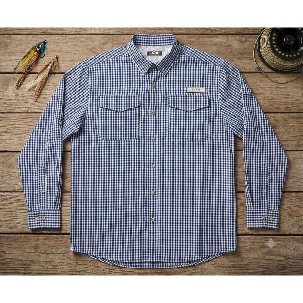 Habitat Men’s L Peacoat Check Fishing Shirt Vented Solar 40+ Pocket Outdoor Top